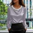thumbnail image 2 of Women's Satin Long Sleeve Round Neck Top Shirts Blouses with Pearl Embellishments Solid Color Elegant Loose Fit for Business Casual Work Office Commuting and Dating Fashion Essential Gift for Women, 2 of 9