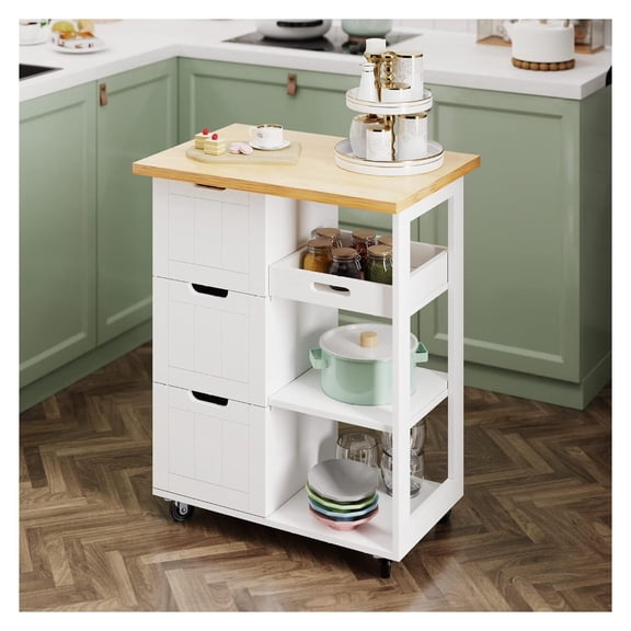 White Kitchen Island Cart with 3 Drawers, Rolling Microwave Stand with Wheels, Moveable Narrow Storage Trolley for Kitchen Dining Room