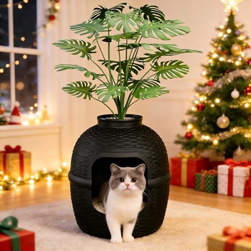 Large Cat Litter Box, Hidden Litter Box with Faux Plant, Heavy Duty Litterbox Enclosure Furniture with Rattan Pattern, PP Cat Box Enclosure Furniture for Living Room, Bedroom, Black