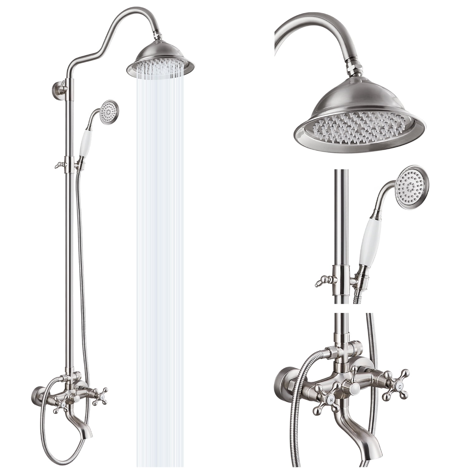 Brushed Nickle 8"Rain Shower Faucet Set Bath Tub Mixer Tap With Handle Spray 