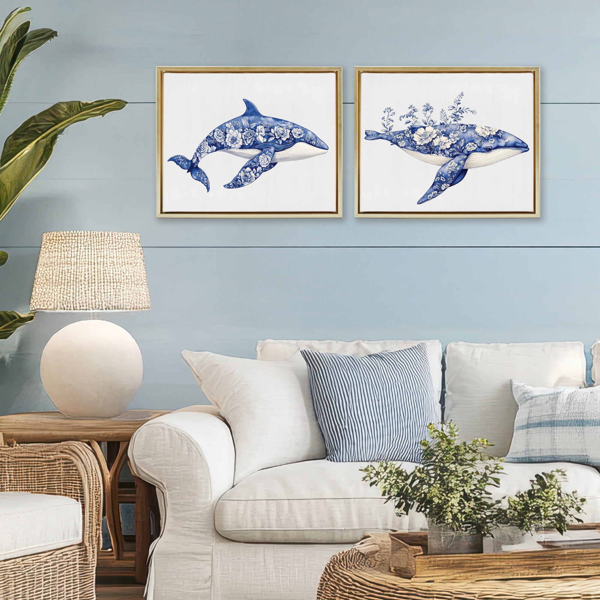 Blooming Toile Pattern Whales 2 Piece Gold Framed Floater Canvas Set, design by Lettered and Lined