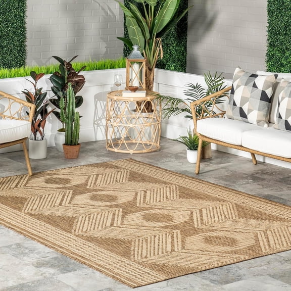 8' x 10' Outdoor Tribal Geometric Area Rug, Stain Resistant, Weather Resistant, High Traffic, Patio, Balcony, Outside, Ranya Light Brown