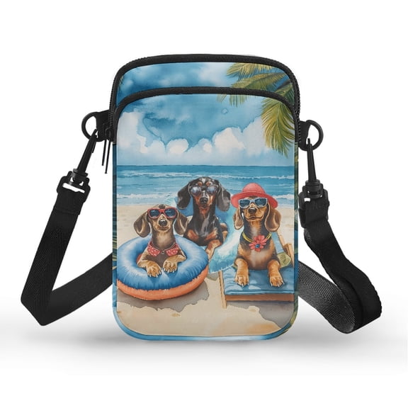 HELLHERO Dachshunds Beach Party Crossbody Sling Bag with Double-layer Small Crossbody Purse Stylish Polyester