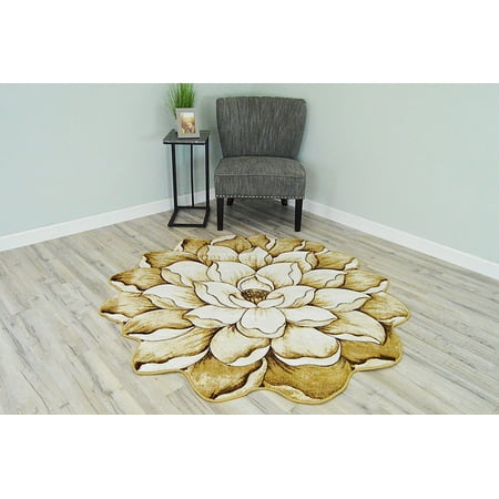 Type 301 Carving FLOWERS 3D Effect Hand Carved Thick Artistic Floral Flower Rose Botanical Shape Area Rug Design 301 Beige Brown 5'3''x5'3'' Round ()