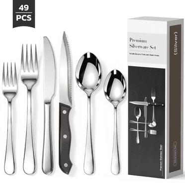 Astercook 49-Pieces Silverware Set with Steak Knives, Tableware Set for 8 - Great Food-Grade Stainless Steel Flatware Set, Mirror-Polished Dining Utensil Set Perfect for Home & Restaurant
