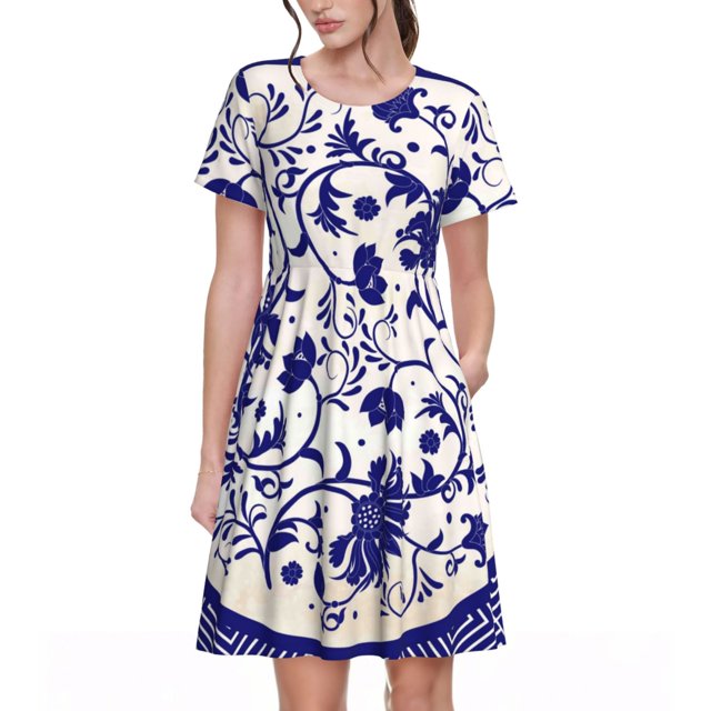 Balery Blue And White Porcelain Pattern Vestidos sueltos de manga corta para mujer, vestidos de verano 2025, vestidos casuales de corte A con vuelo.