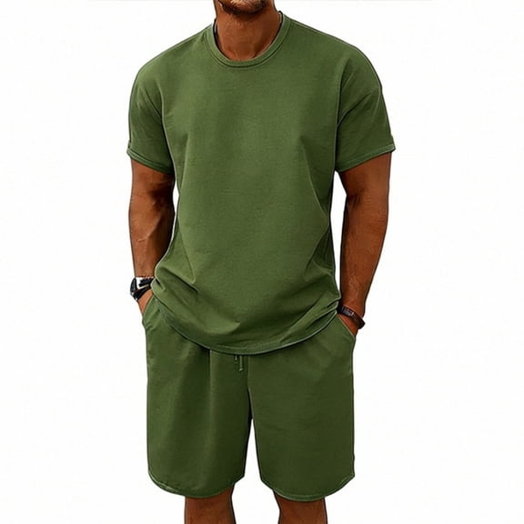 Uwinwear Men's Casual Athletic Tracksuits Sets Solid Color Crew Neck Short Sleeve T-Shirt and Drawstring Shorts Set Casual 2 Piece Outfit,Army Green,XXXL