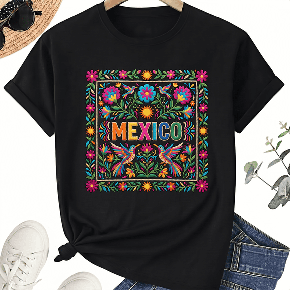 Unisex Mexican Folk T-Shirt, Colorful Mexico Floral Art, 100% Cotton Short Sleeve Tee