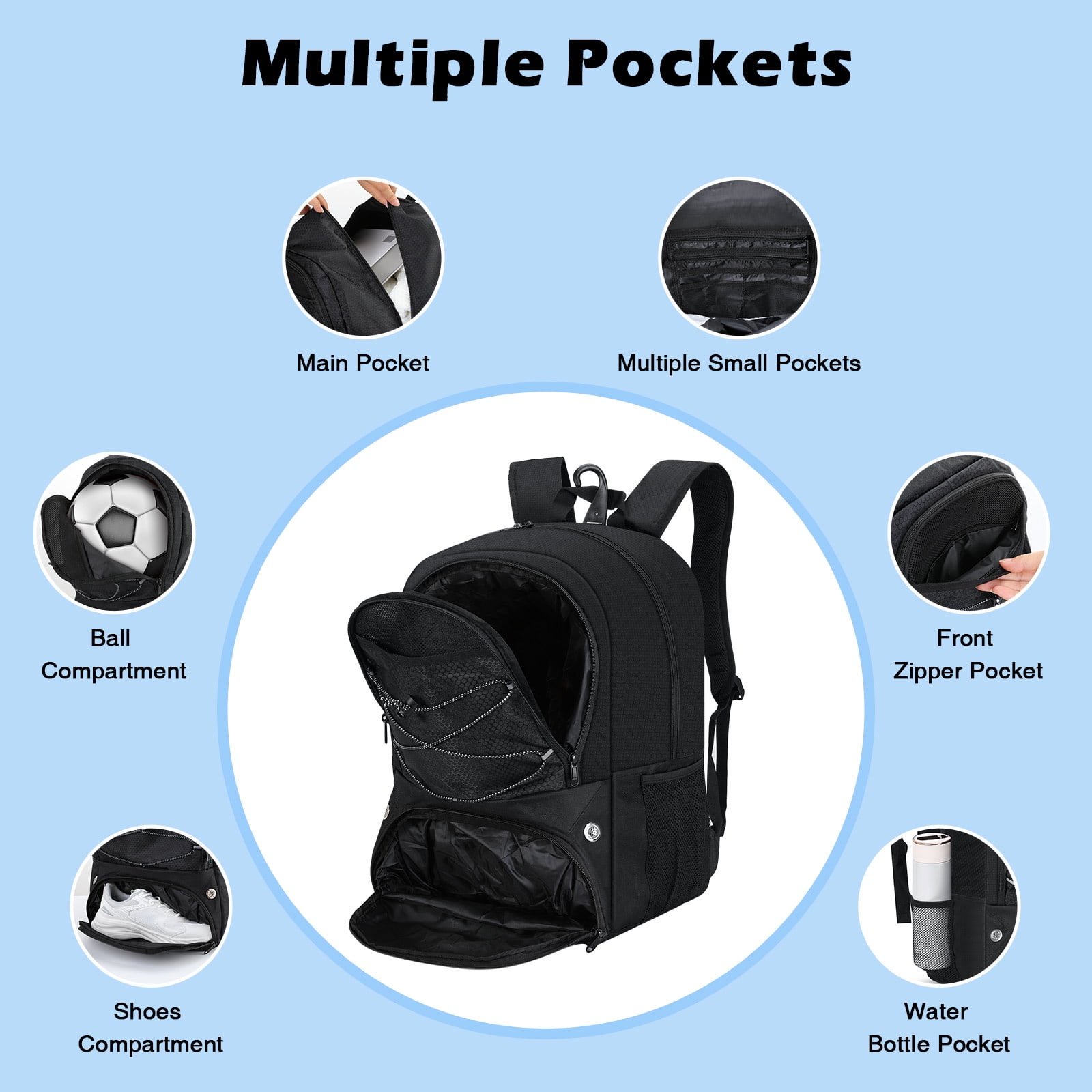 MoKo Basketball Bag Backpack with Ball Shoe Compartment, Sports Equipment Bags for Youth, Black