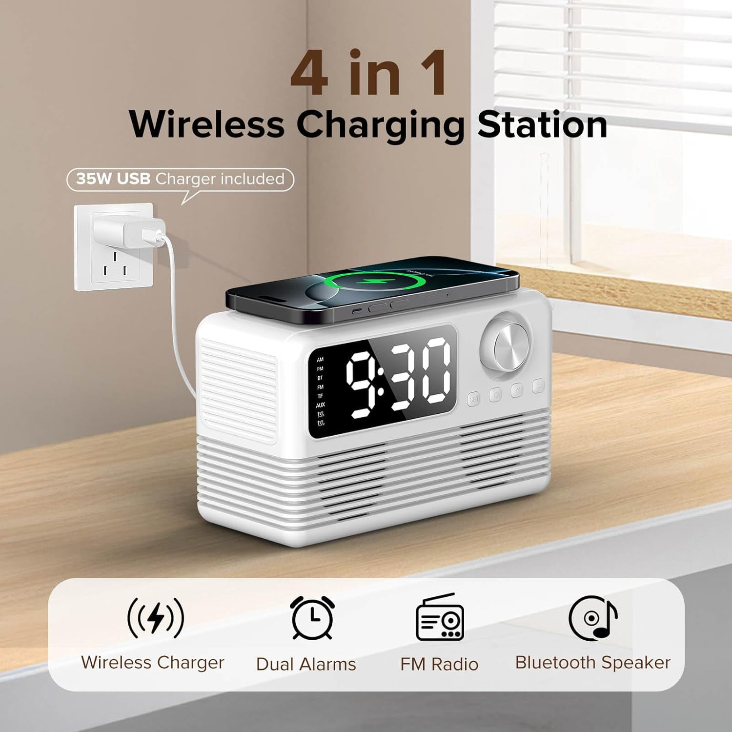 4 in1 Wireless Charging Station with Clock, FM Radio, Bluetooth Speaker, 15W Fast Wireless Charger for i Phone, Android Phones, Clock Radio for Bedroom Easy to Use for Seniors and Kids as Gift