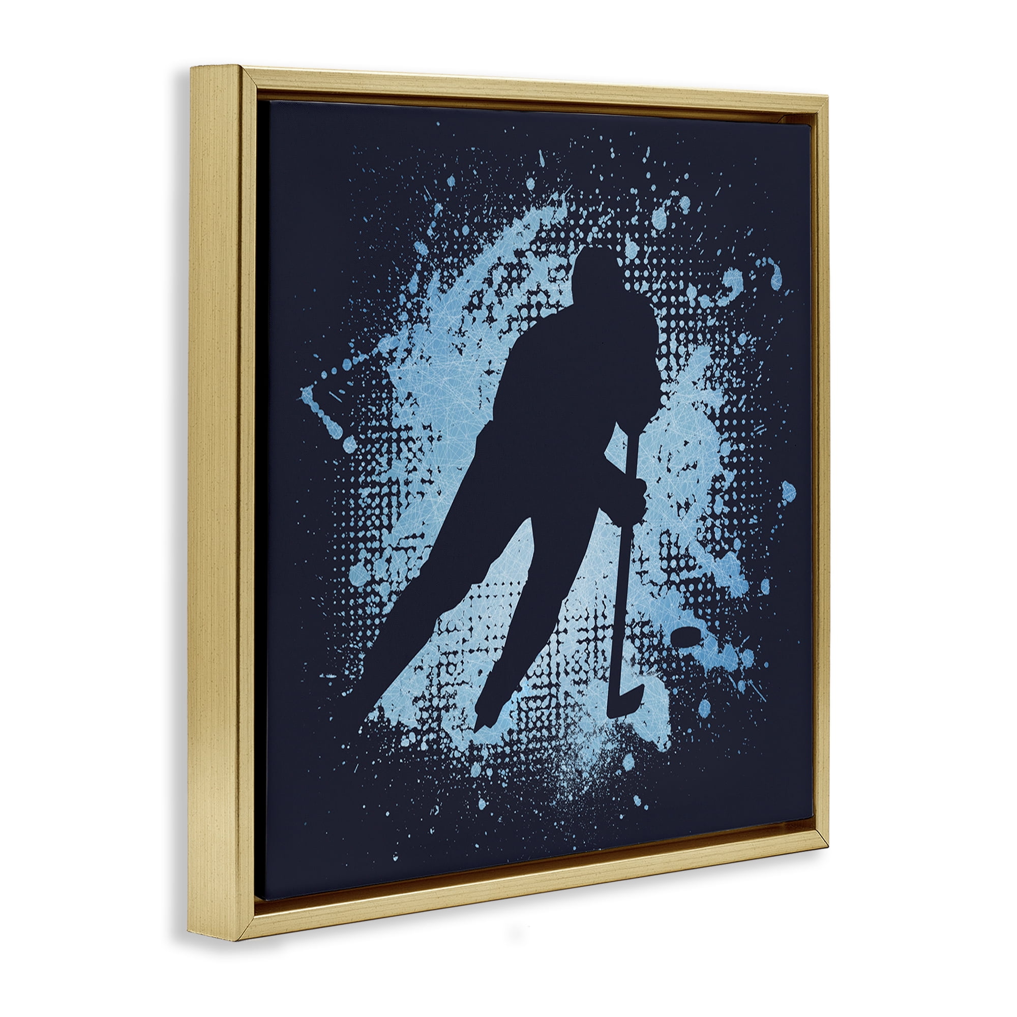 Stupell Industries Hockey Stance Blue Splash Sports Painting Gold Floater Framed Art Print Wall Art, 18 x 18