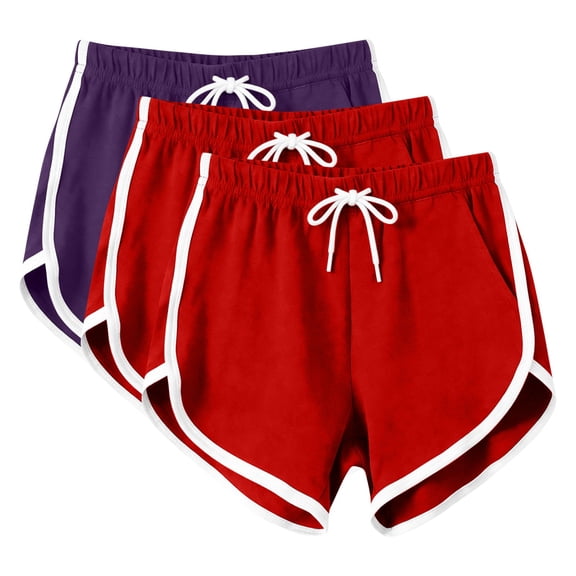 Costeam Womens 3 Piece Retro Sporty Color Block Trim Athletic Shorts Dolphin Hem Casual Active Shorts with Side Pockets Drawstring Elastic Waist Lightweight Breathable Fabric