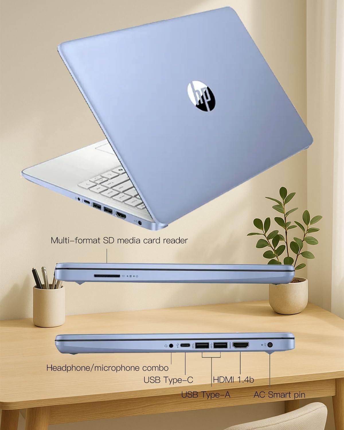 HP 14" Flagship Everyday Laptop Computer, 32G RAM, 128G UFS, 256G SD Card, Intel Quad-Core, Windows 11 Pro, AI-Powered, 1-Y Office 365, For Student & Business