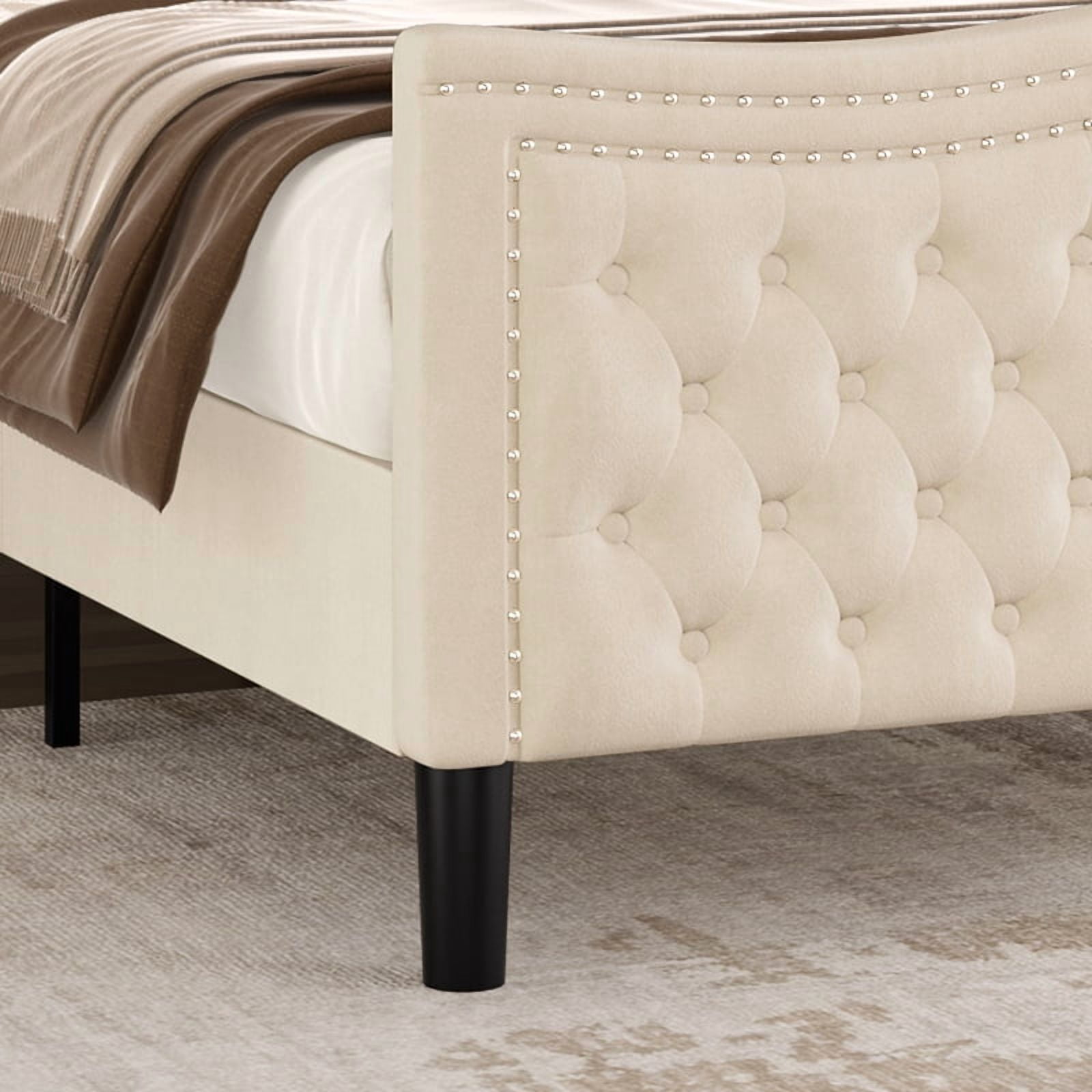 Gewnee Full Bed Frame with 52" Tall Headboard Velvet Upholstered Wingback & Rivet Decor Platform Bed Frame, Beige