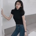 thumbnail image 2 of Basic Knit turtleneck Women T Shirt Summer Spring Ribbed Cotton Pullover Tops Soft Female Short Sleeves Tshirt, 2 of 4