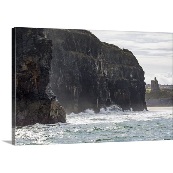 Great BIG Canvas | Michael Interisano Premium Thick-Wrap Canvas entitled Cliffs with waves crashing into the rock with ruined castle