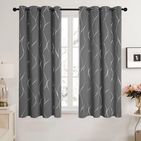 Deconovo Blackout Curtains Silver Wave Foil Print for Bedroom, Light Gray, 52x63 inch, 2 Panels