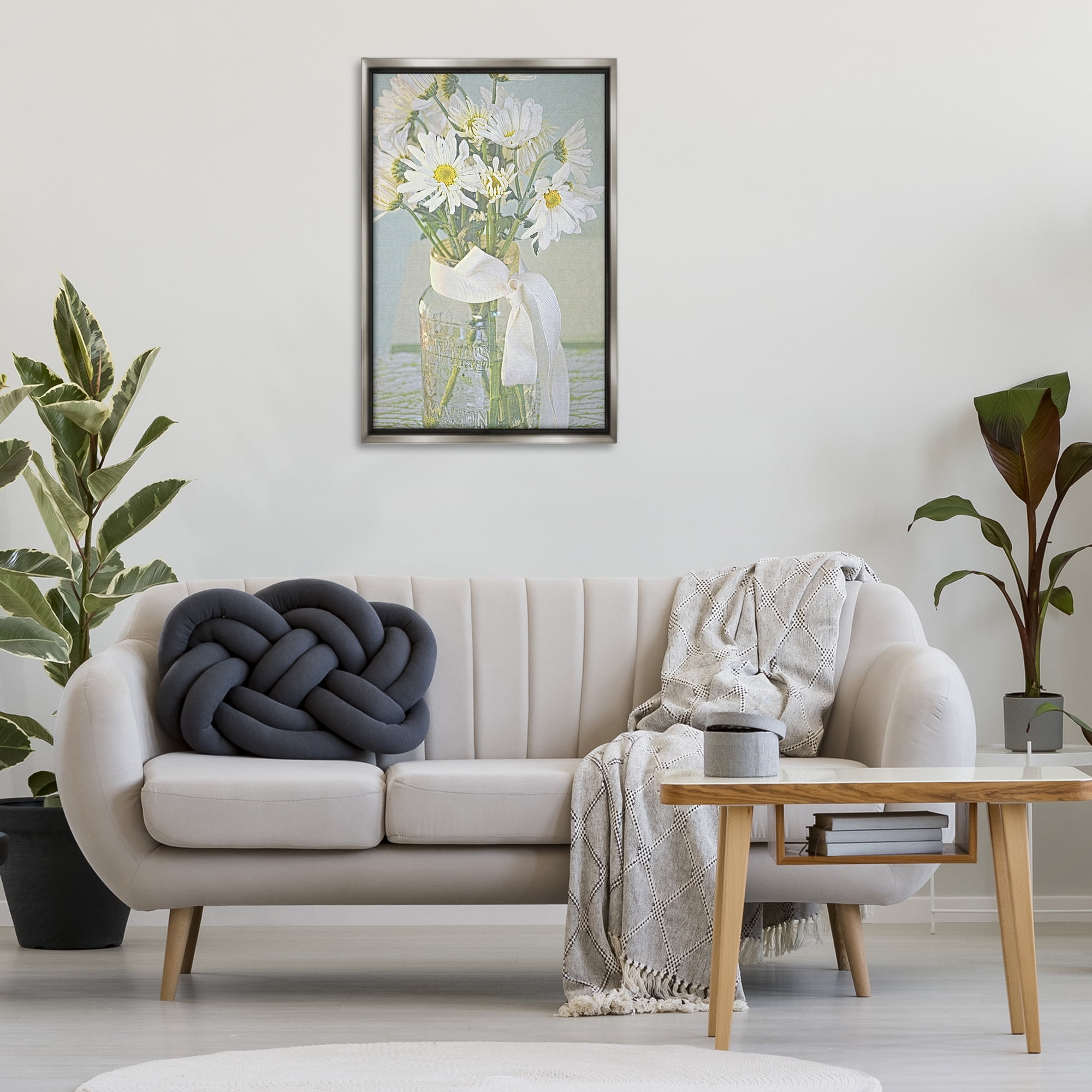 Stupell Industries Faded Daisies Jar Botanical & Floral Painting Gray Floater Framed Art Print Wall Art, 21 x 31