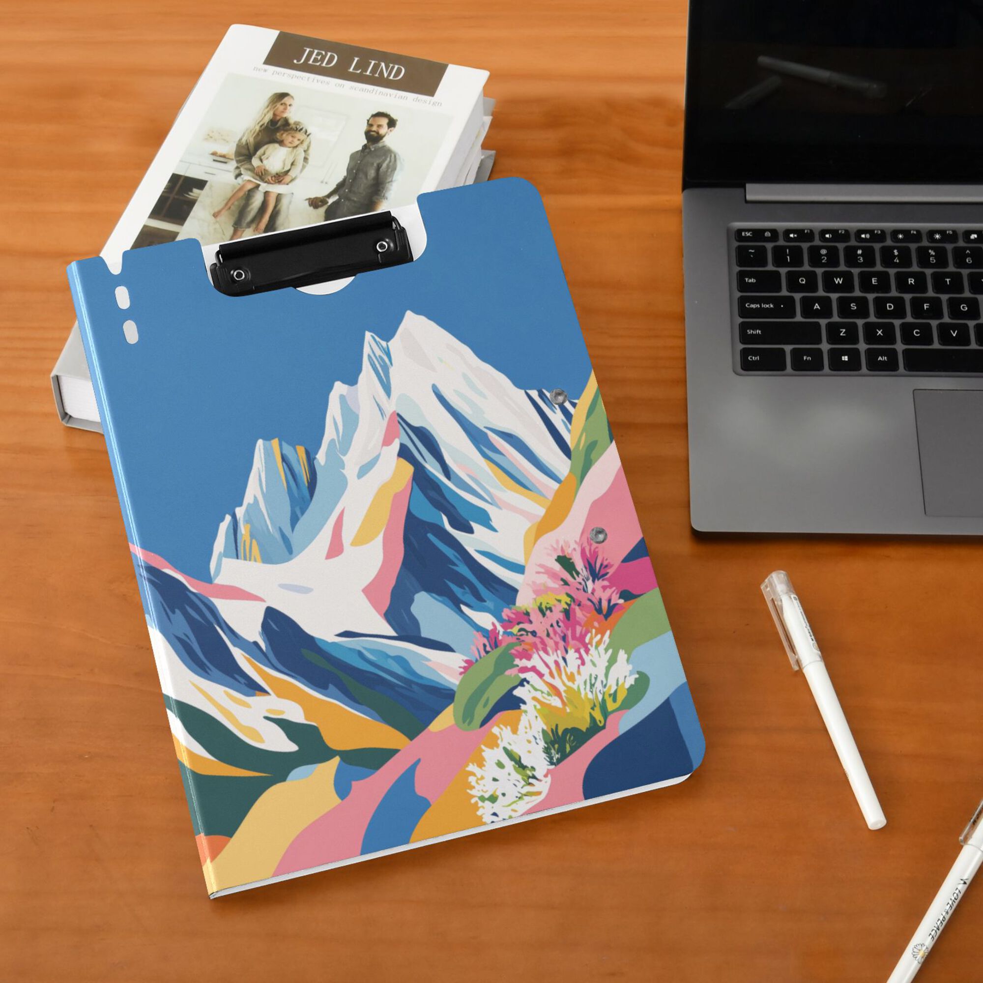 FORMRS A4 Clipboard Folder with Pen Holder Horizontal Foldable School Office Binder, Abstract Snow Mountain