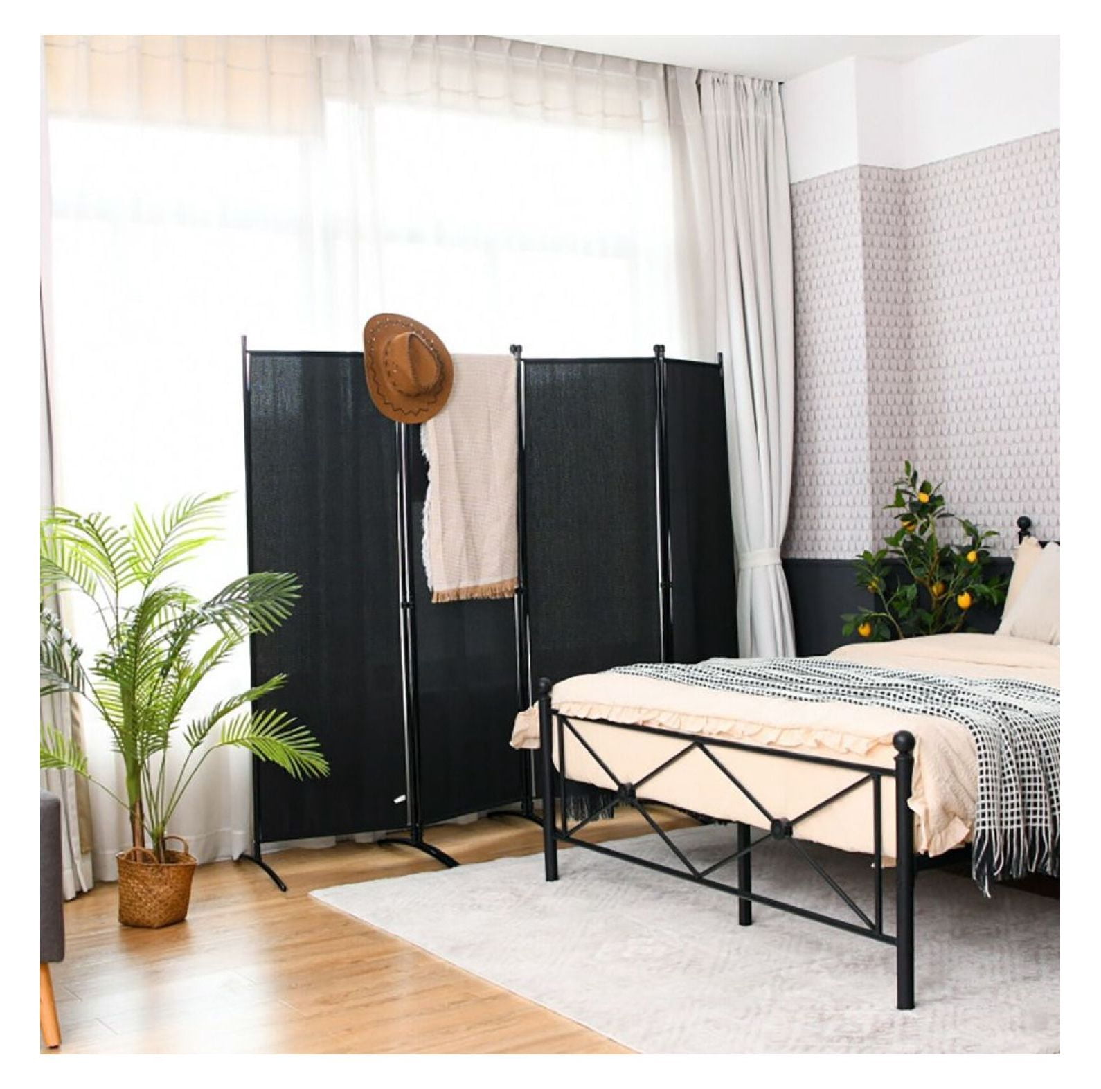 Yunken 4-Panel Steel Frame Room Divider, 5.6 Ft Tall Folding Privacy Screen for Bedroom, Office & Living Space
