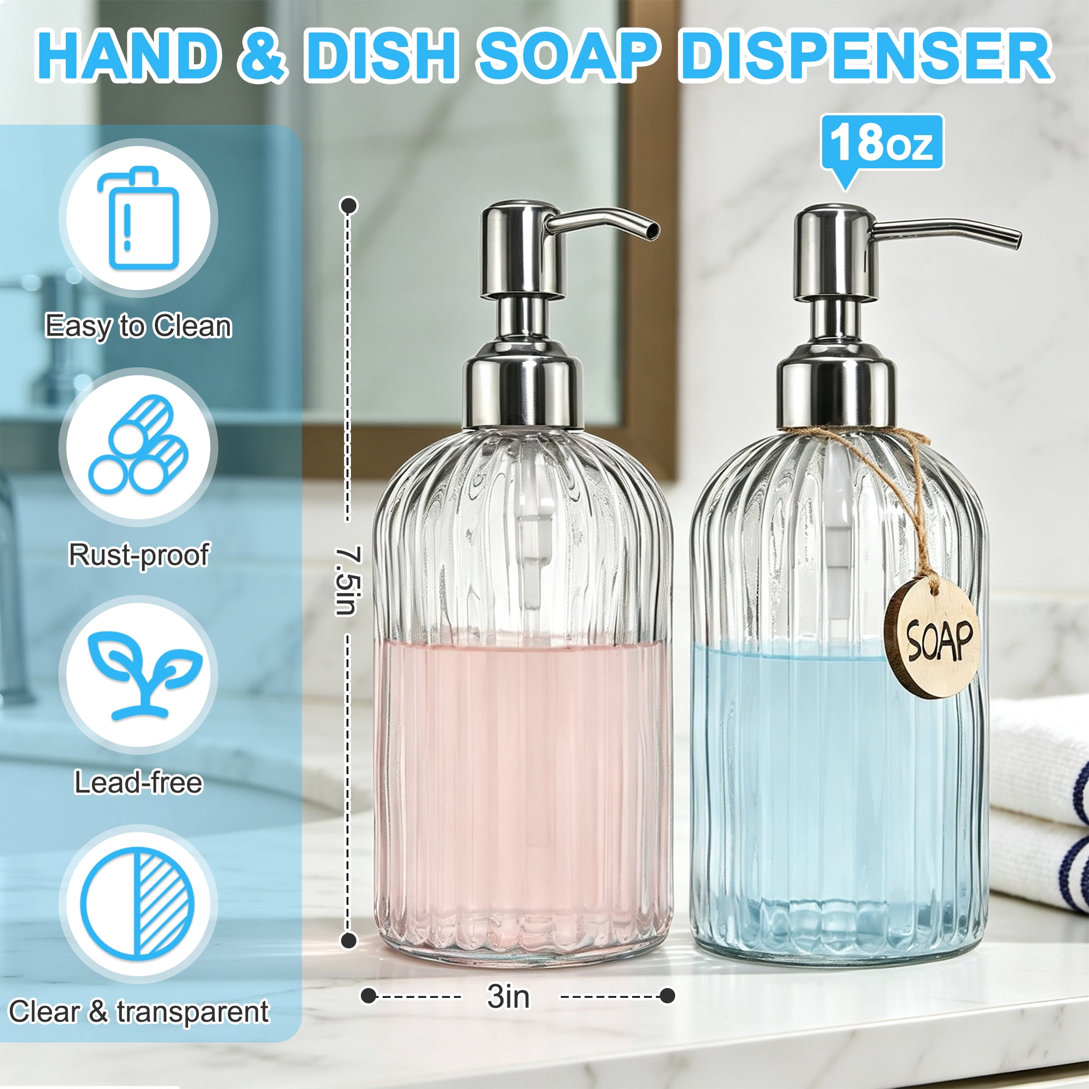 HOQBN 2 Pack Glass Soap Dispenser, Refillable Hand Soap & Dish Soap Dispenser with Stainless Steel Pump & Wooden Tag for Bathroom Kitchen