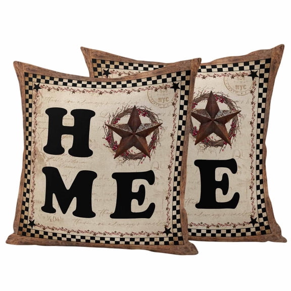 Western Texas Star Vintage Outdoor Waterproof Pillow Covers, HOME Buffalo Plaid Brown Farmhouse Decorative Square Throw Pillowcase Sofa Cushion Sham for Patio/Couch/Chair, 18"x18" 2 Pack