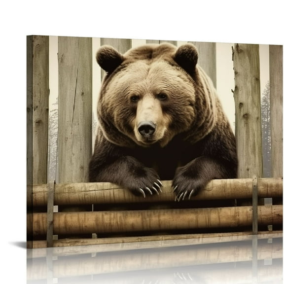 COMIO Brown Wall Art Painting Grizzly Bear Prints On Canvas Vintage Forest Wildlife Animal Pictures Wall Art for Home Cabin Decoration Rustic Farmhouse Decor