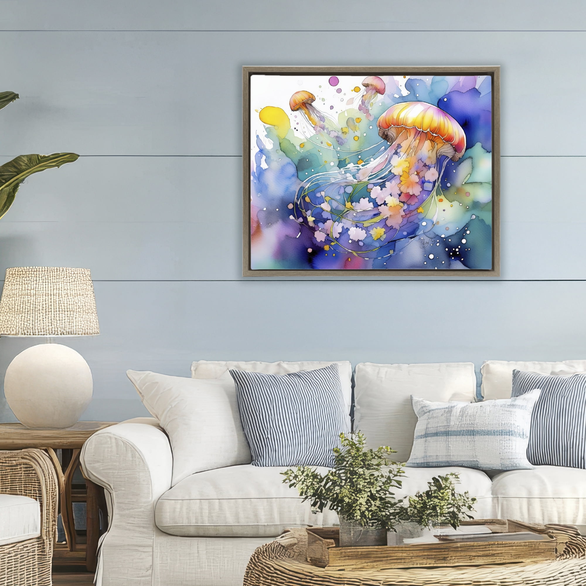 Stupell Industries Neon Jellyfish Underwater Brown Framed Floater Canvas Wall Art, design by Shelly Craig