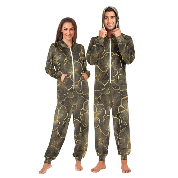 FORMRS Onesies Pajama for Adults Unisex Hoodie Winter Jumpsuit One Piece Sleepwear, Sizes S-2XL, Black Flower Pattern