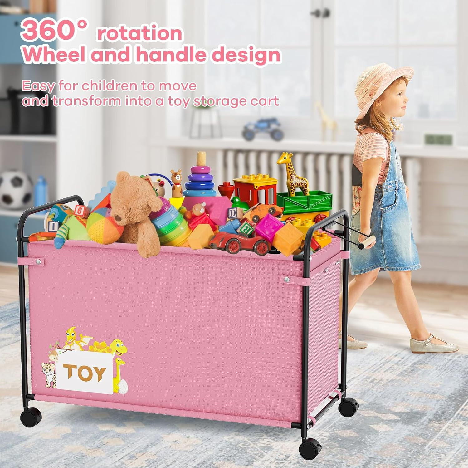 Toy Box Storage, 180L Extra Large Toy Chest with 360° Wheels, Oxford Cloth Metal Toy Box for Boys, Girls, Stuffed Animals, Clothes, Bedroom, Living Room (Pink)