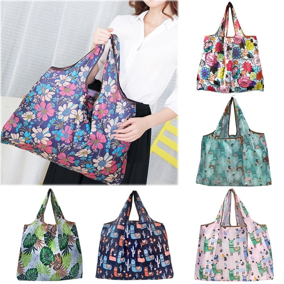 Walbest Reusable Printed Grocery Bag, Colorful Foldable Nylon Shopping Bag, Waterproof Machine Washable Tote Bag, 15.75" x 15.75" x 9.45"