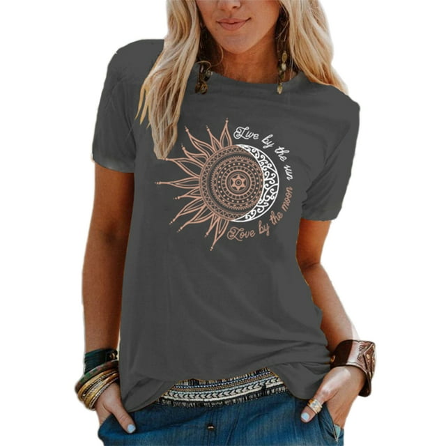 Daeful Tee Col Rond T-Shirt Imprimé Soleil Lune Hauts Femmes Boho Boho Manches Courtes Tunique Blouse Gris Foncé TTG