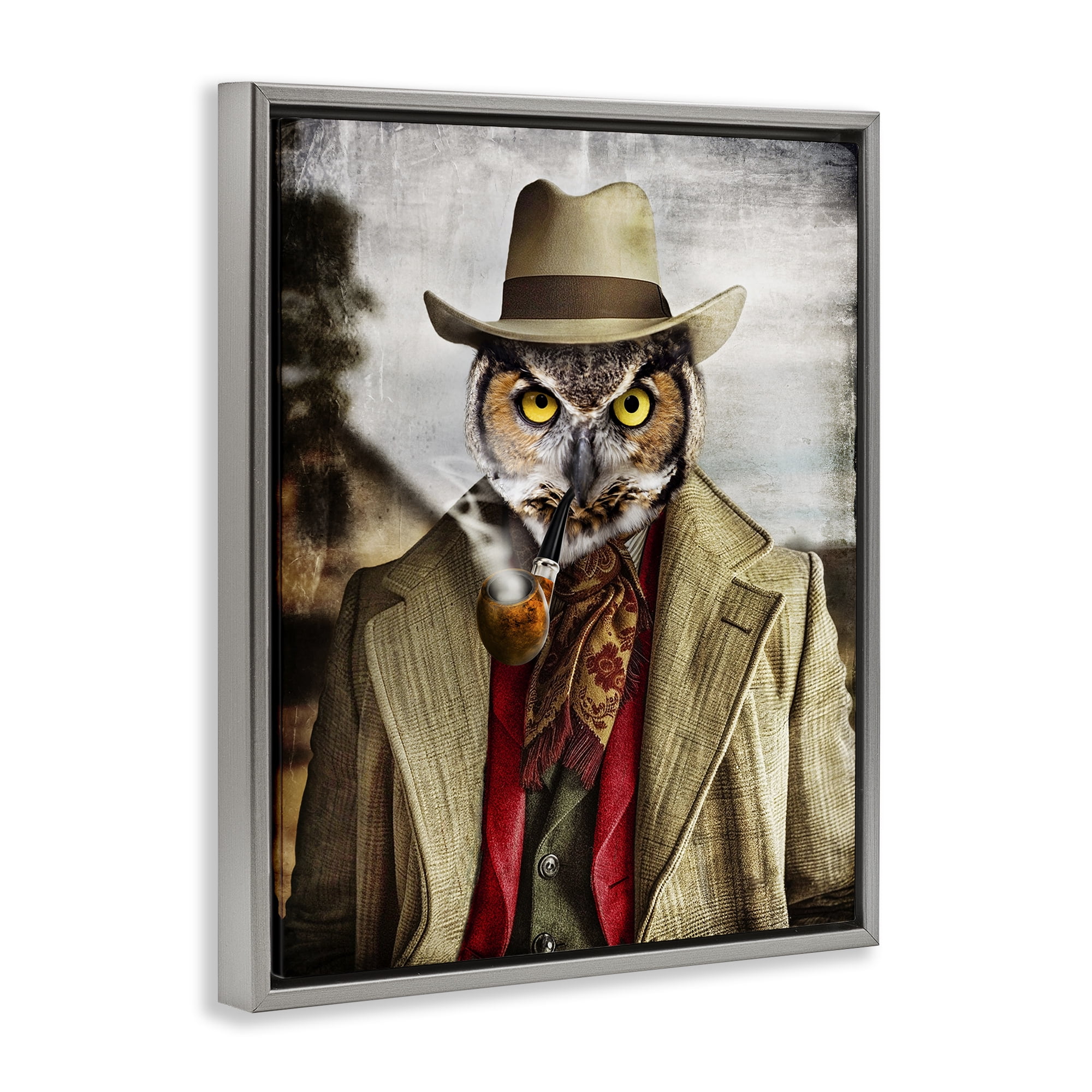 Stupell Industries Owl with Classic Pipe Animals & Insects Painting Gray Floater Framed Canvas Art Print Wall Art, 17 x 21