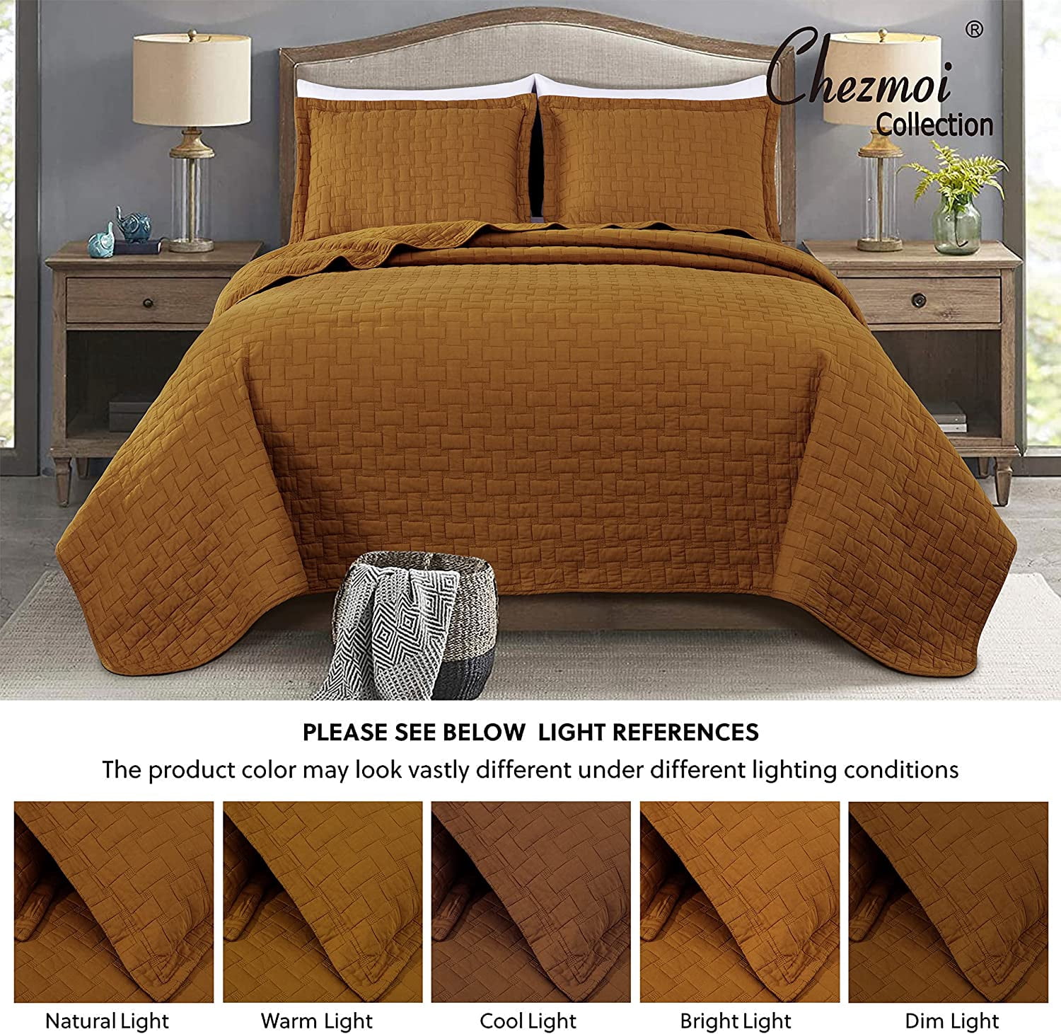 Chezmoi Collection Vert 3-Piece 100% Cotton Quilt Set Queen Size, Spice, Modern Basketweave Stitched Quilt Lightweight Washed Cotton Bedspread for All Season