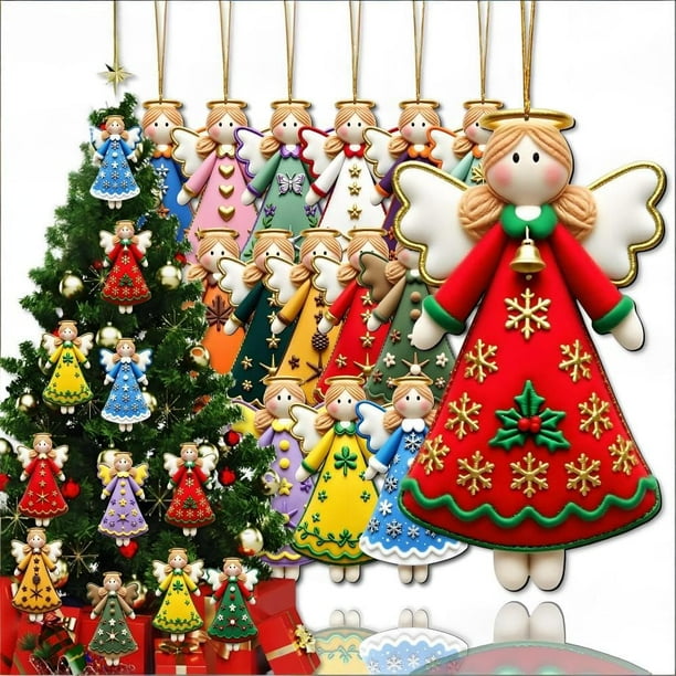 16 adornos de ángeles de madera de colores para fiestas en interiores con colgantes para el hogar