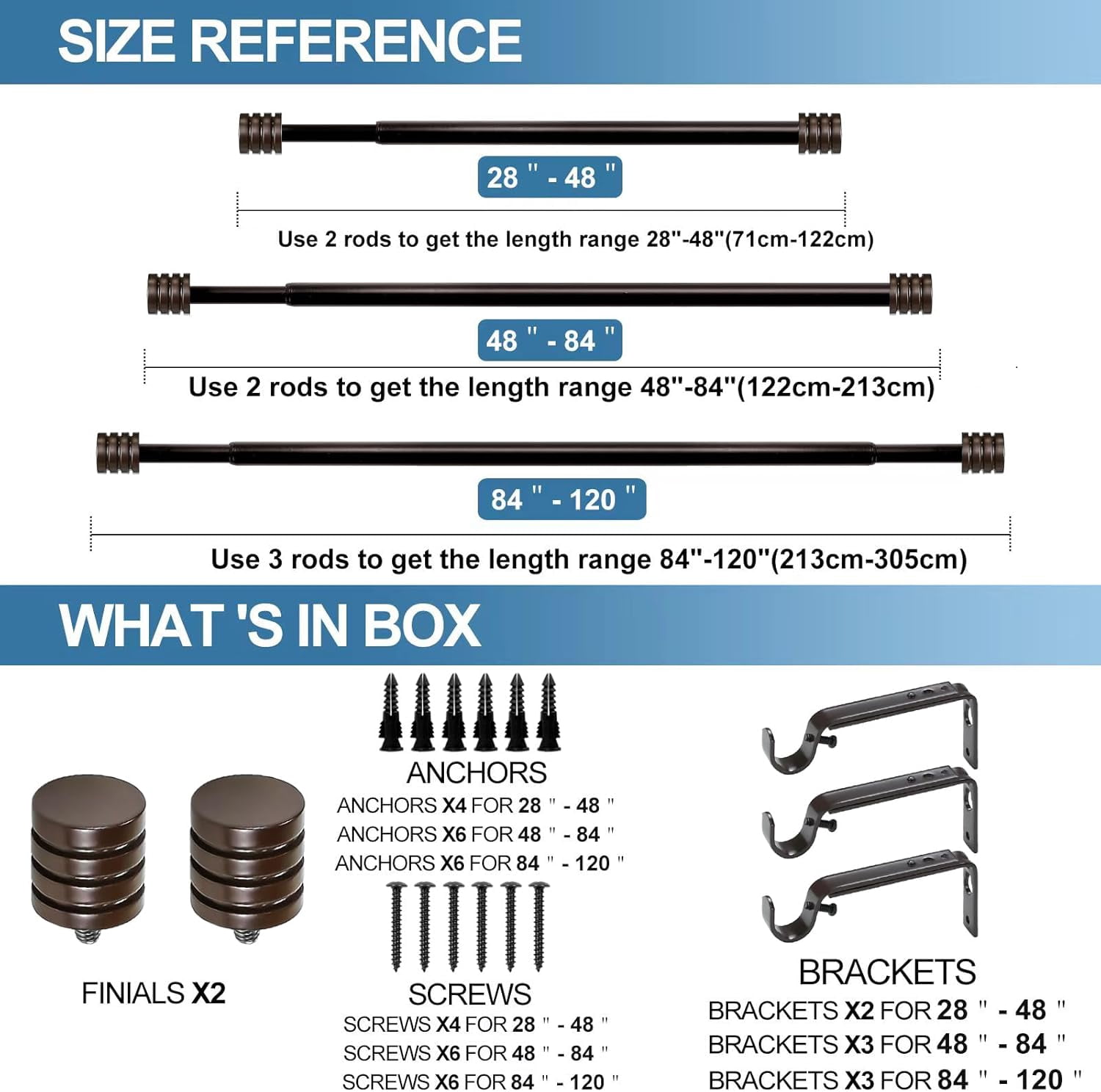 Urbanest Adjustable Single Curtain Rod Set Aspire Finials – 5/8-Inch Diameter, With Bronze Rod, 28–48 Inches