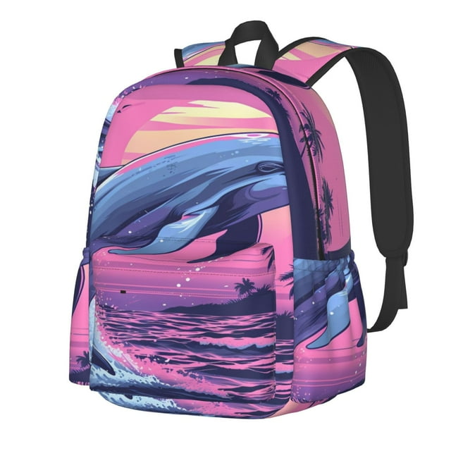 Bingfone Hawaiian Beach Dolphin Pattern Large Capacity Student Backpack, Wear-resistant and Lightweight School, Work, Travel, Sports Backpack, Unisex