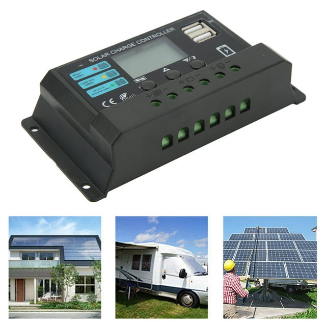 LCD Display Solar Panel Controller Photovoltaic Charging Controller 12V 24V Self Adaption Black for Home Industry Commerce