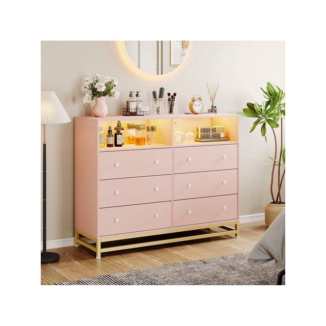 Eastvita Modern Double Dresser TV Stand with 6 Drawers Power Outlet LED Light