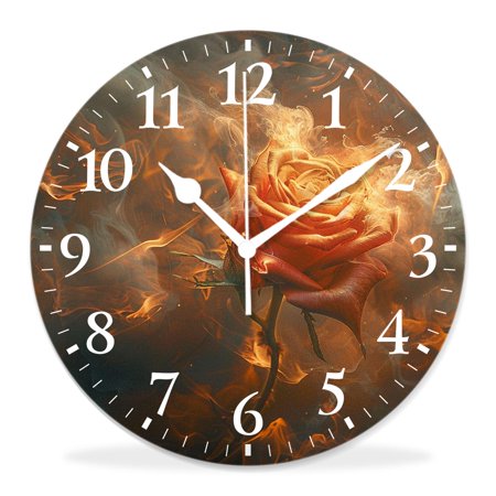 10 Inch Wall Clock Battery Operated Silent Clock Decorative for Office, Kitchen, Outdoor, Living RoomPretty Fire Rose with Sparkle Flame Smoke Graceful