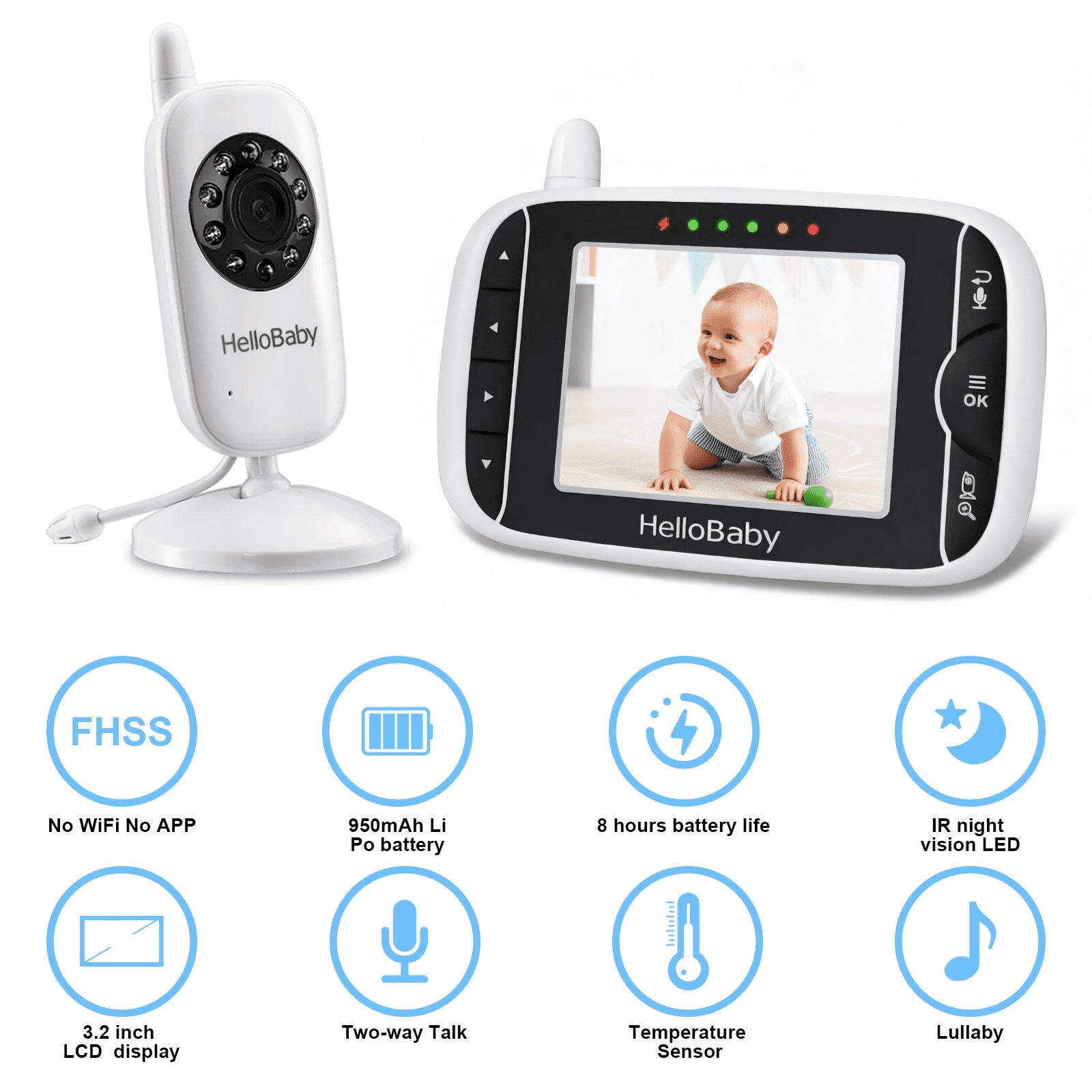 HelloBaby Video Baby Monitor-HB39 with 2.4GHz pigital wireless video baby monitor camera and audio - 8 hours battery life, 1000ft away, 3.2" LCD HD LCD display, no WiFi required No APP Two-way audio