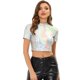 thumbnail image 1 of INSPIRE CHIC Top corto metalizado de manga corta con cuello alto para mujer Plata XS, 1 of 4