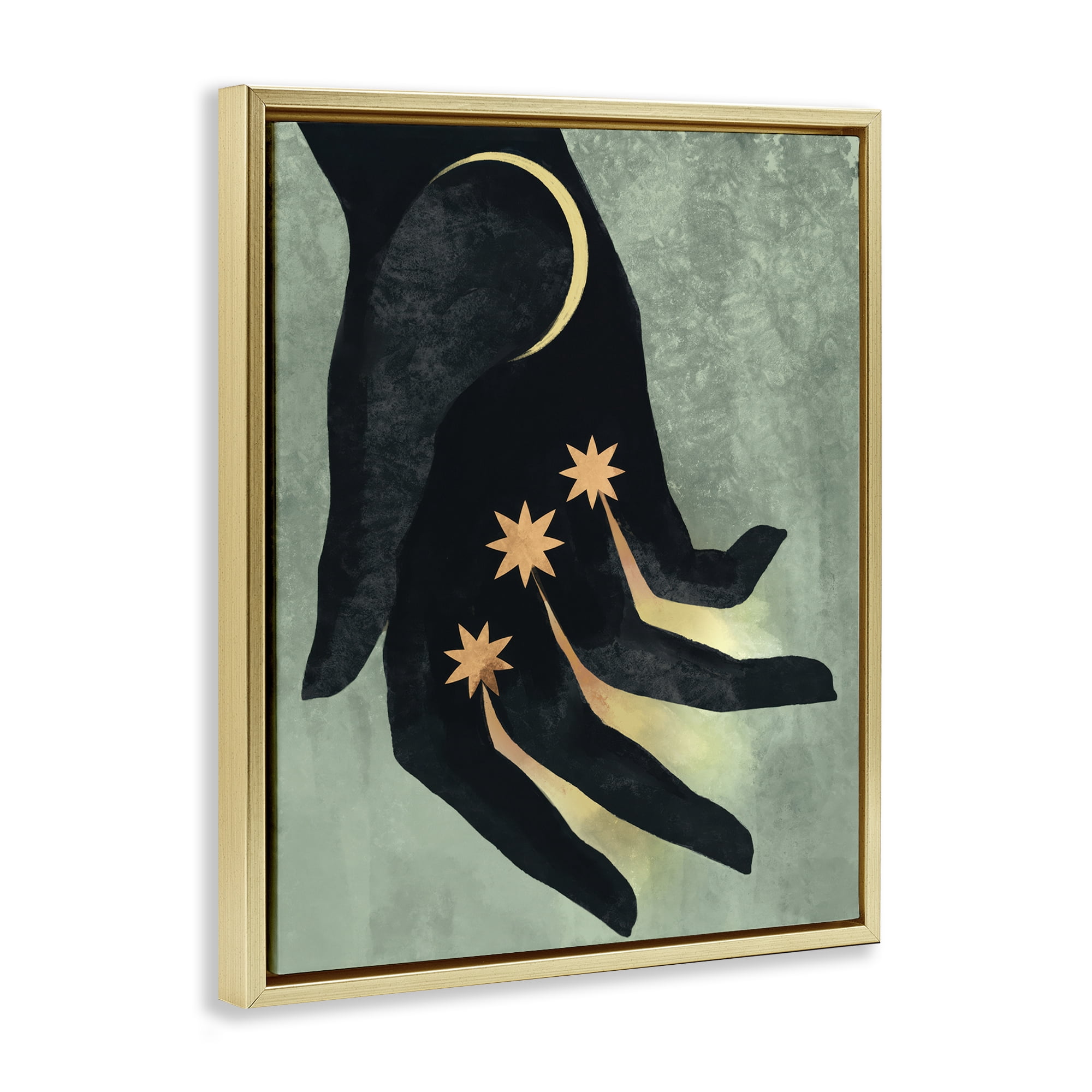 Stupell Industries Moon & Stars Hand Astrology & Stars Painting Gold Floater Framed Canvas Art Print Wall Art, 25 x 31