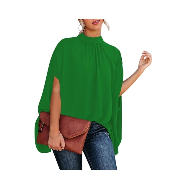 VISgogo Blusa de verano para mujer, manga de murciélago, camisa informal lisa/estampada con cuello simulado, blusas sueltas para mujer VISgogo moda