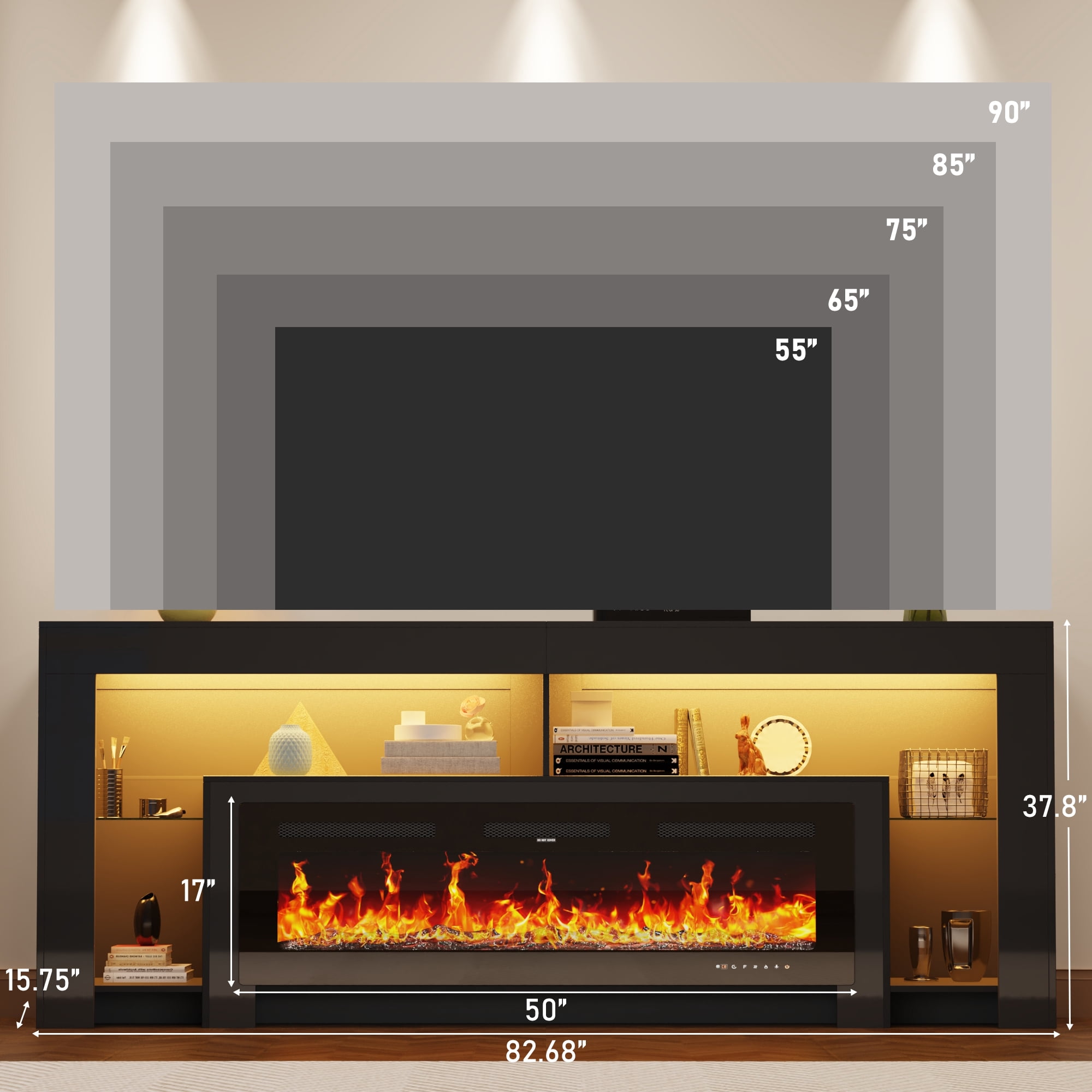 Blotout Fireplace TV Stand for 85/90''TV with 50'' Fireplace, 82'' Modern LED Entertainment Center with Overheat Protection, Adjustable Shelves, 2 Tier Fireplace Console for Living Room, Bedroom