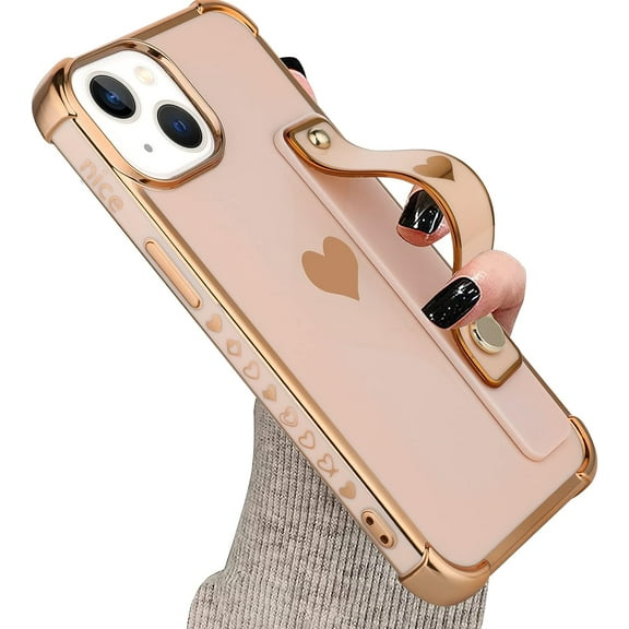Designed for iPhone 13 14 Case with Strap Luxury Love Heart Plating Gold Bumper Phone Cover Wristband Kickstand [Reinforced Corners] Shockproof Anti-Scratch Slim Case for Women-Pink