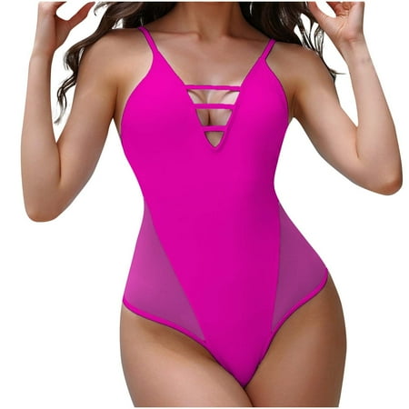 Moocorvic One Piece Swimsuit Backless Strappy Tummy Control Women s Patchwork Color Swimsuit with Bra Pads(Hot-Pink S)