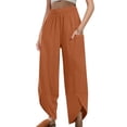 thumbnail image 1 of Under 10,Women's Elastic Waist Irregular Pants, Linen Solid Color, Pockets, Casual Fit, Comfortable, Everyday Wear Versatile Wardrobe Staple|100%Polyester,Orange,Sopatenor, 1 of 9