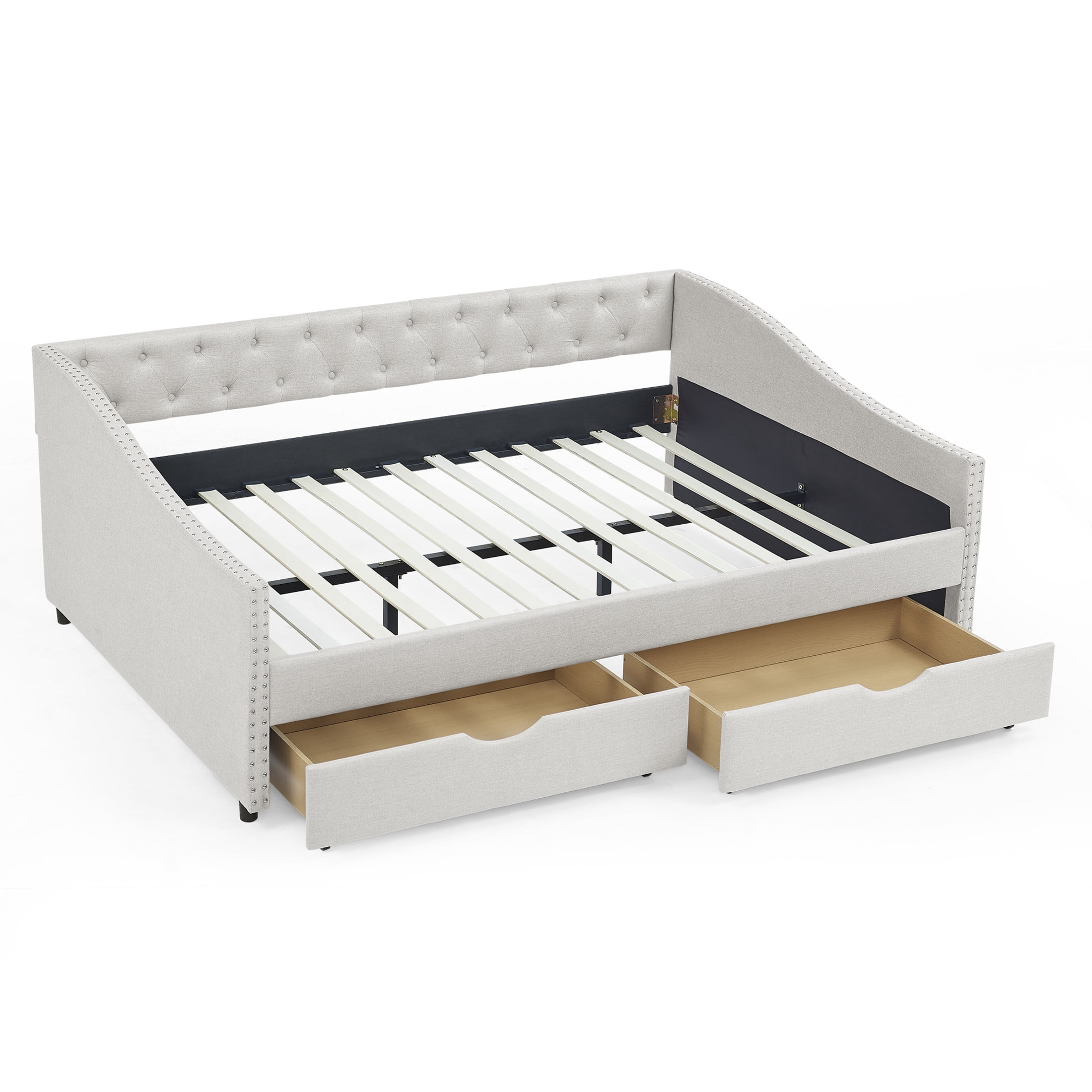 Noble House Full Size Button Tufted Daybed, Linen Sofa Bed Frame with Storage Drawers and Nailhead Waved Arms, Beige