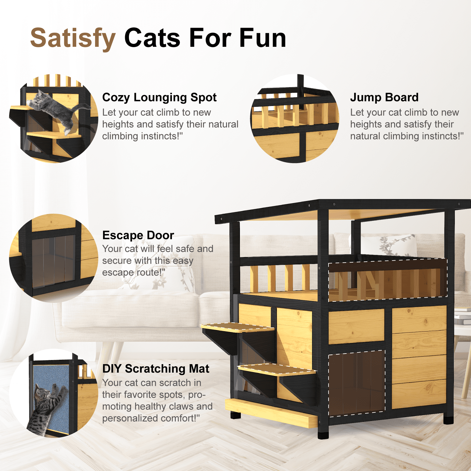 TIMHAKA 2-Story Outdoor Cat House, Wooden Feral Cat Shelter w/ Escape Door, Pull-Out Bottom & Scratching Mat
